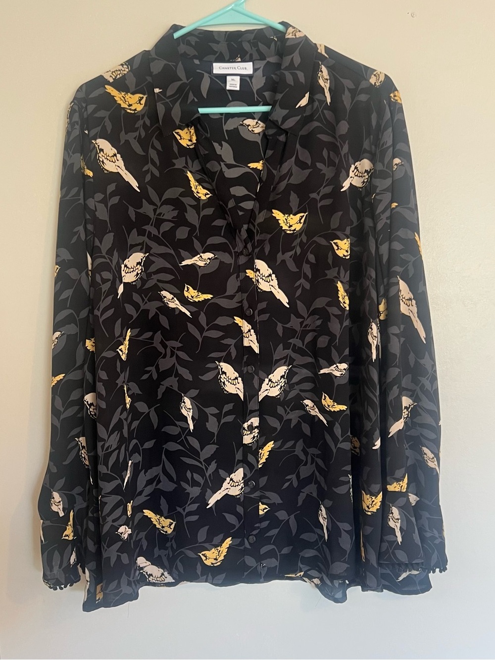 Charter Club Black Floral & Yellow Bird Print Button Up Blouse